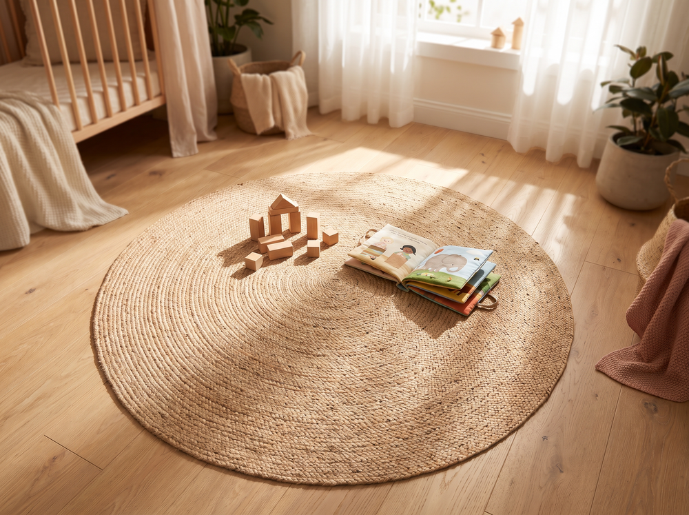 Round braided jute rug in a bright kids bedroom