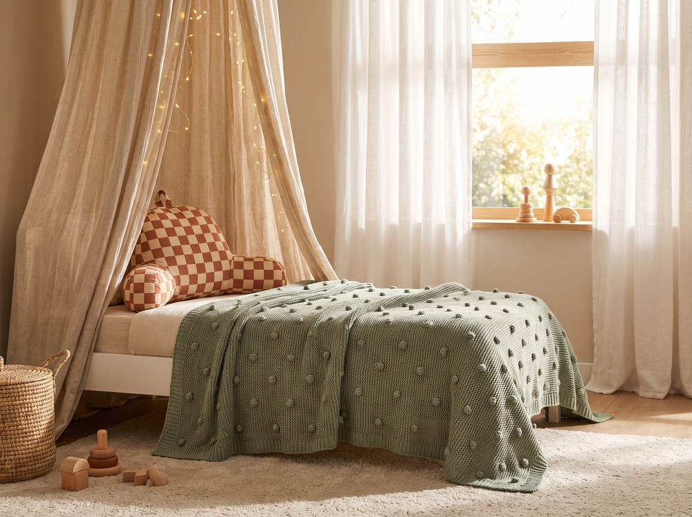 Kids bed with knitted blanket, cushion and canopy