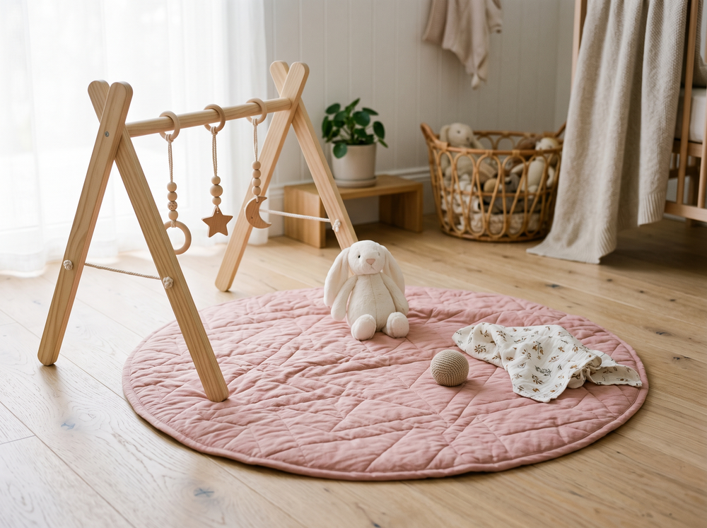 Quilted baby play mat beside a wooden play gym