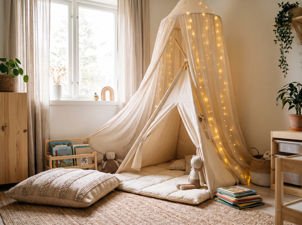 Teepee reading nook with play mat, cushion and canopy