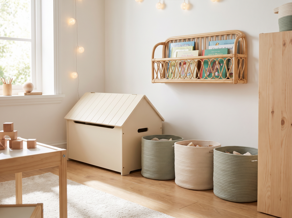 Playroom storage baskets, rattan shelf and toy box