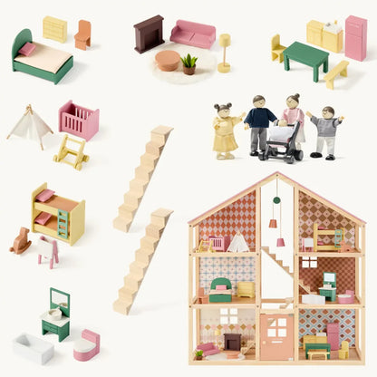 Little Teekies Wooden Dollhouse with Dolls & Furniture