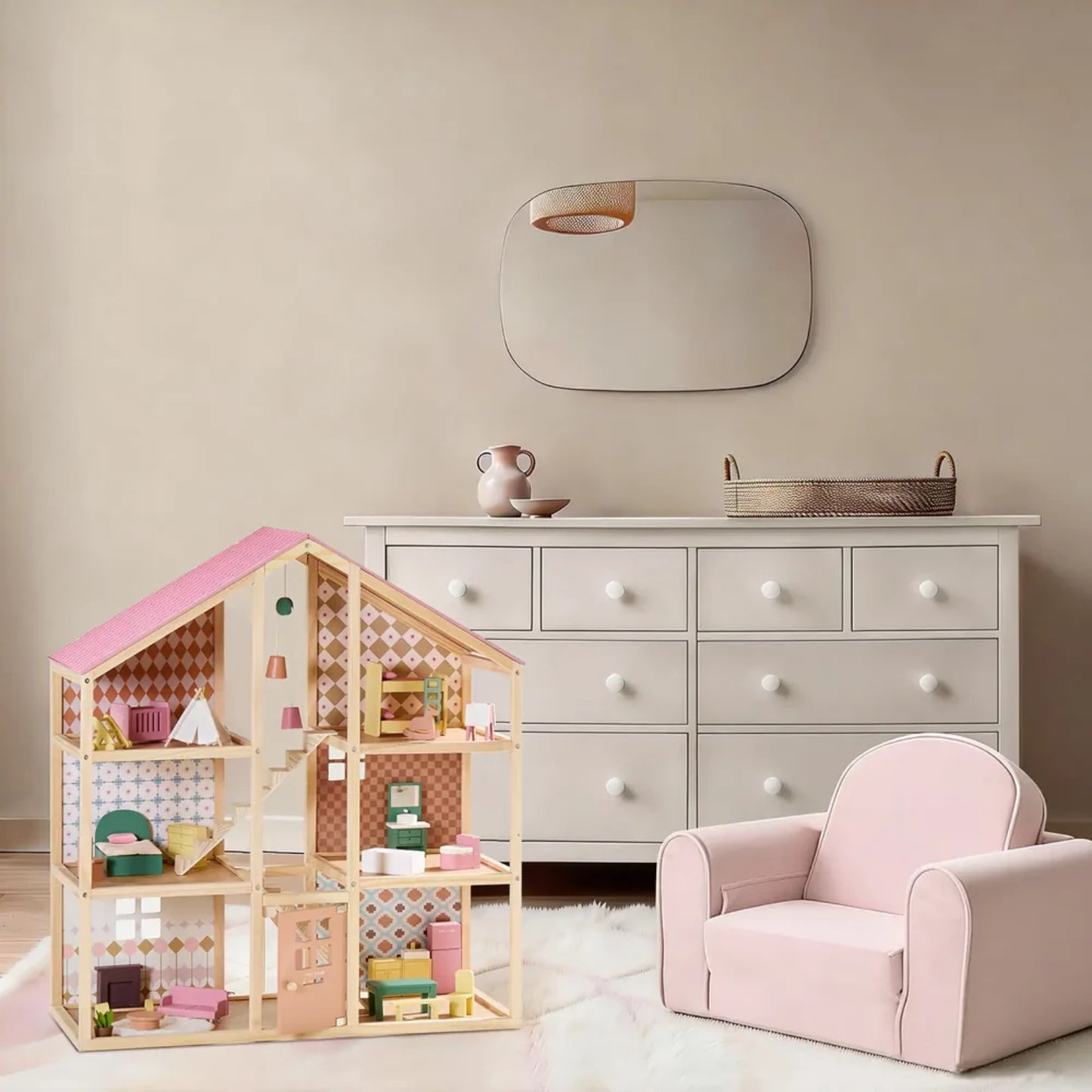 Little Teekies Wooden Dollhouse with Dolls & Furniture