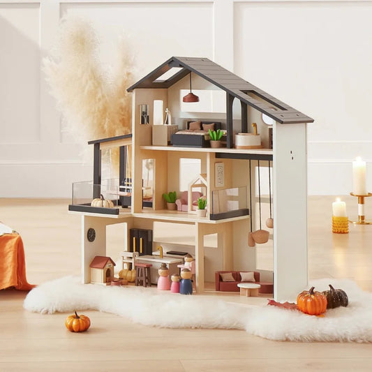 Little Teekies Modern Wooden Dollhouse with Furniture & 7 Rooms