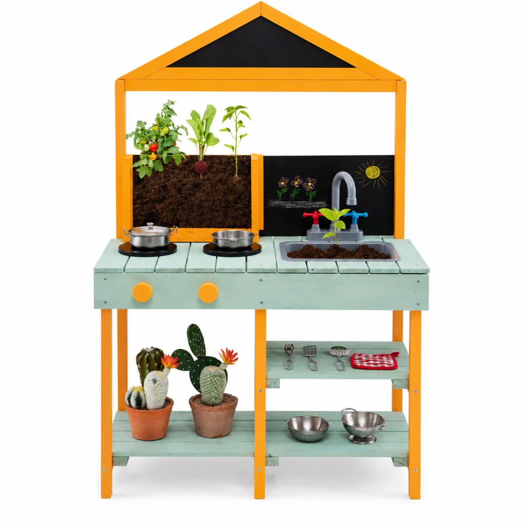 Little Teekie Wooden Kids Mud Kitchen Play Set with Planter Box