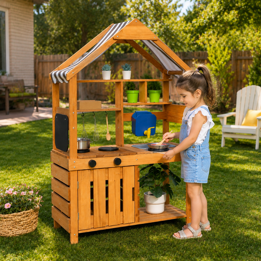 Little Teekie Wooden Outdoor Mud Kitchen Play Set with Canopy