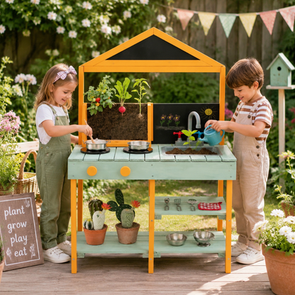 Little Teekie Wooden Kids Mud Kitchen Play Set with Planter Box