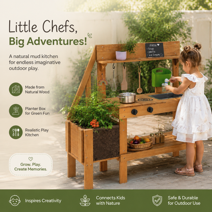 Little Teekie Wooden Outdoor Mud Kitchen Play Set with Planter Box
