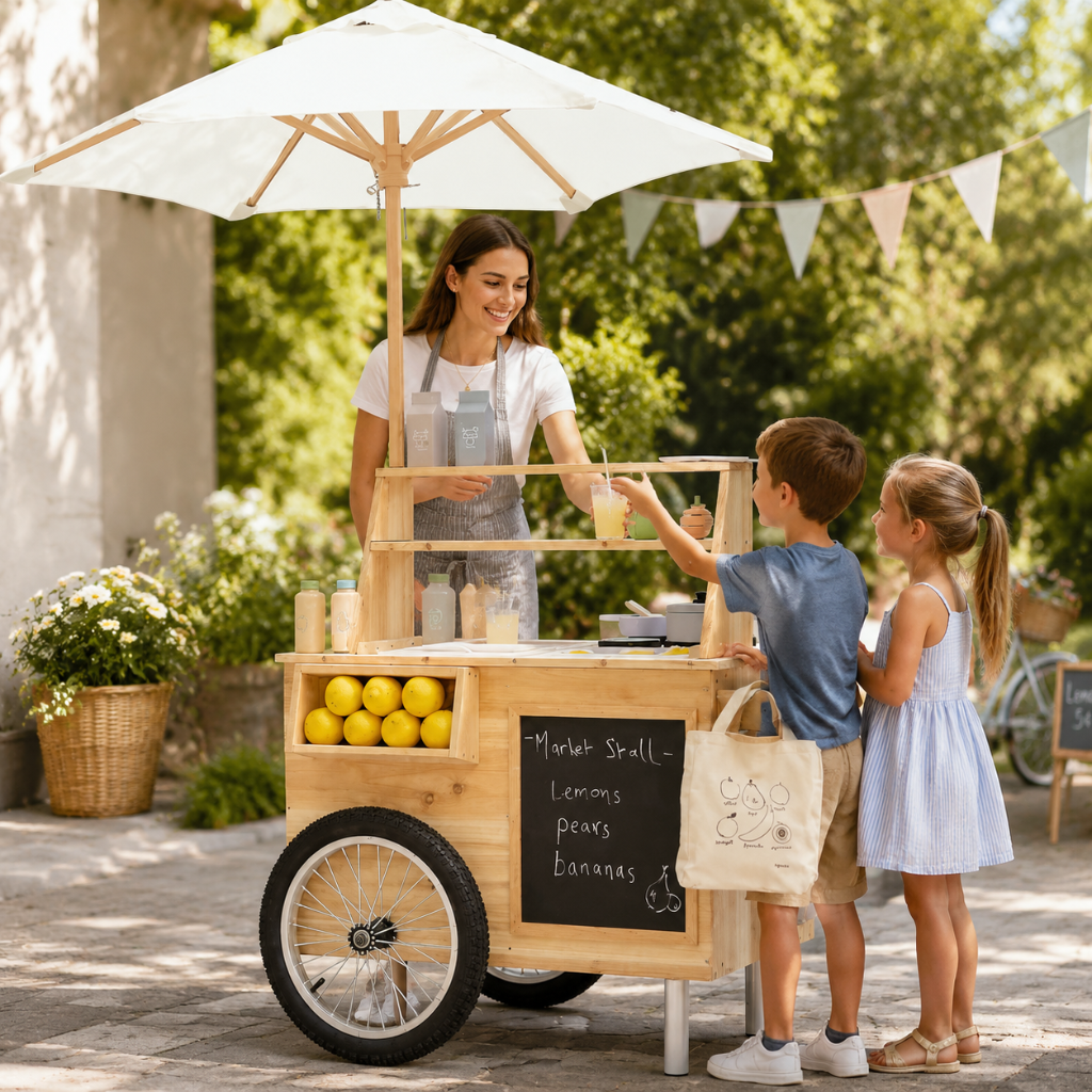 Little Teekie Wooden Outdoor Mud Kitchen Cart with Umbrella
