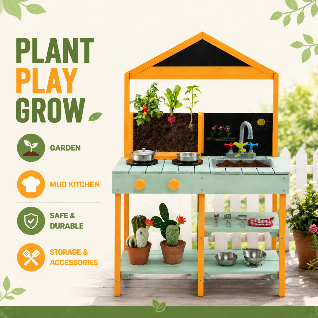 Little Teekie Wooden Kids Mud Kitchen Play Set with Planter Box
