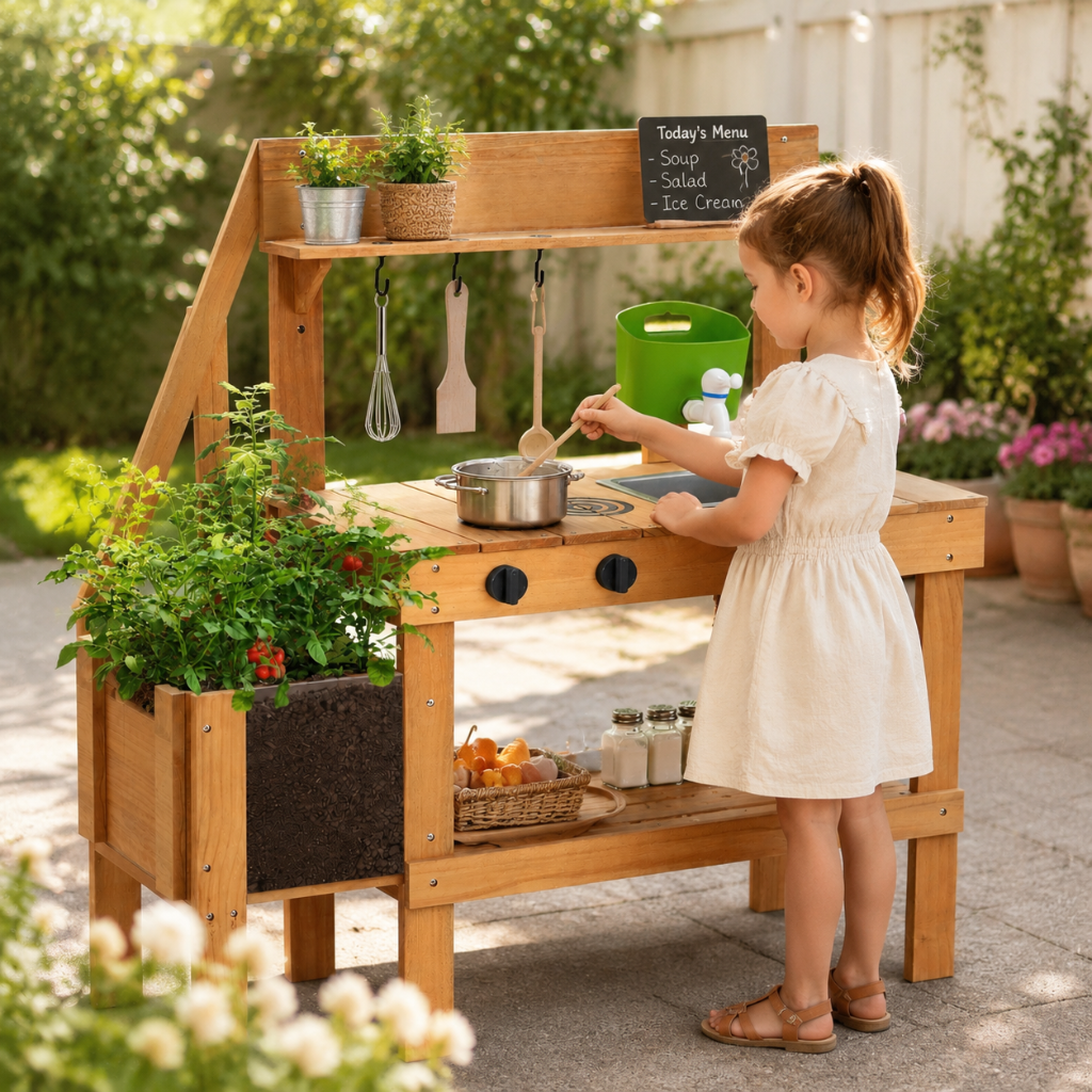 Little Teekie Wooden Outdoor Mud Kitchen Play Set with Planter Box
