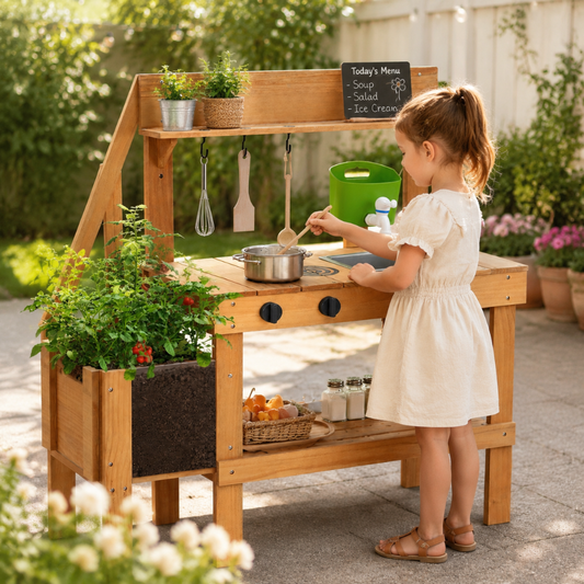 Little Teekie Wooden Outdoor Mud Kitchen Play Set with Planter Box