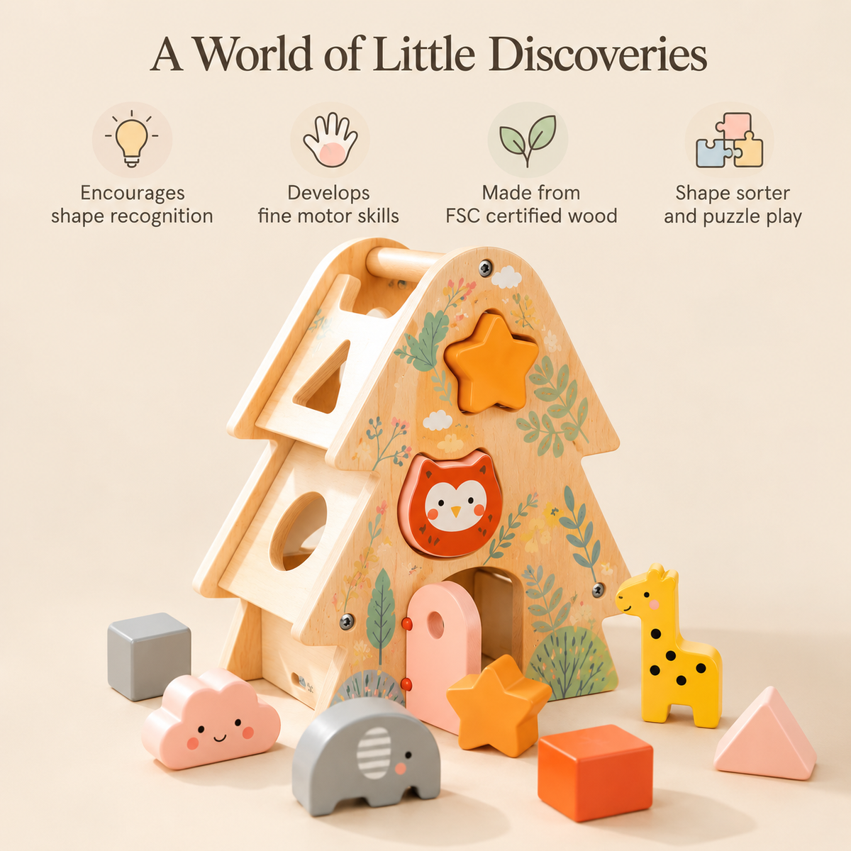 Little Teekie Personalised Tree Shape Sorter | Wooden Sorting Toy with Name - Colourful Animal Shapes