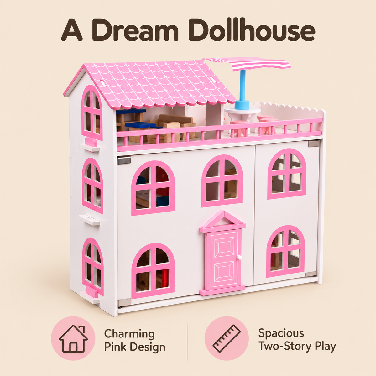 Little Teekie Wooden Dollhouse | 5 Rooms and Furniture – White with Pink Roof