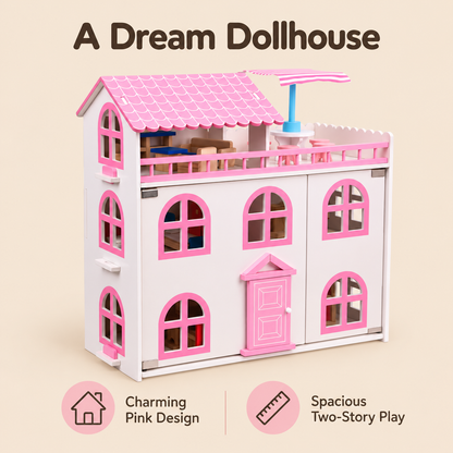 Little Teekie Wooden Dollhouse | 5 Rooms and Furniture – White with Pink Roof