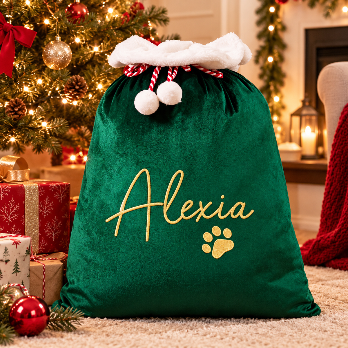 Little Teekie Personalised Santa Sack | Embroidered Name, Green Plush with White Fluffy Trim