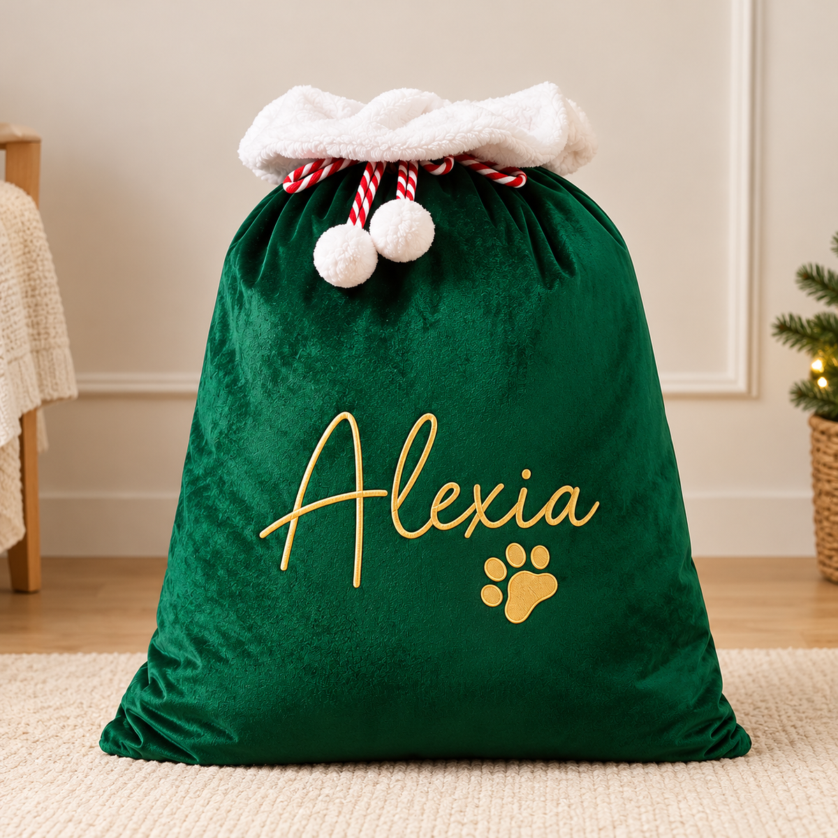 Little Teekie Personalised Santa Sack | Embroidered Name, Green Plush with White Fluffy Trim