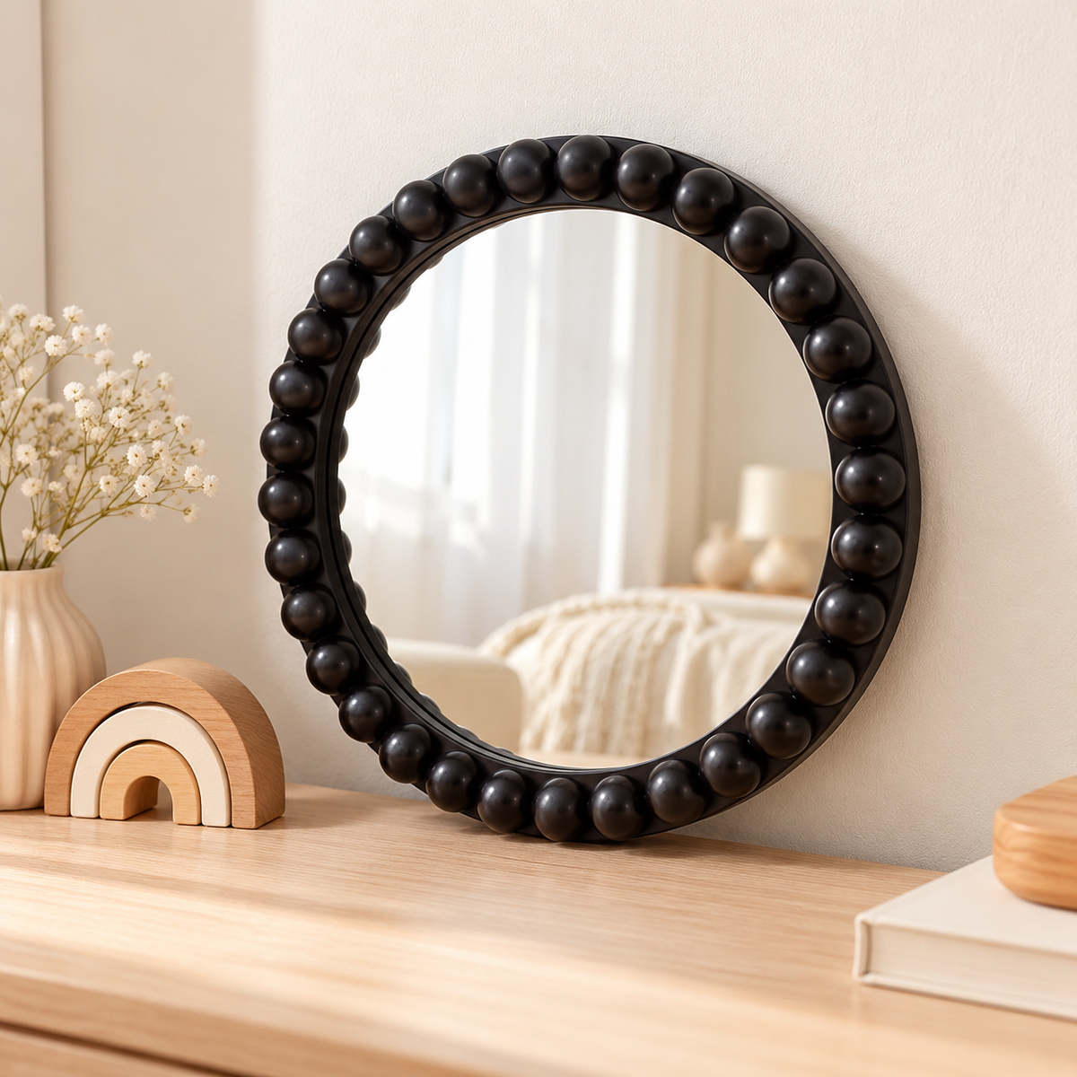 Little Teekie Round Bobbin Mirror | Decorative Kids Room and Nursery Wall Mirror – Black