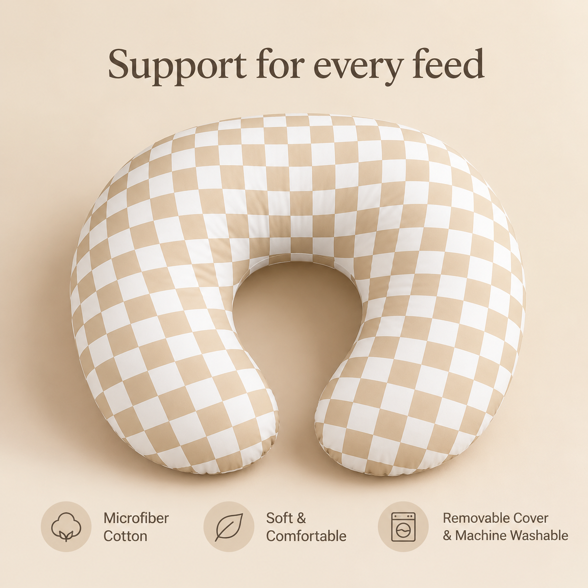 Little Teekie Cotton Nursing Pillow | U-Shape with Removable Cover – Oat Gingham