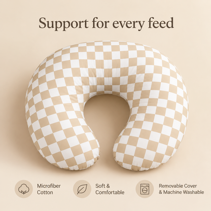 Little Teekie Cotton Nursing Pillow | U-Shape with Removable Cover – Oat Gingham