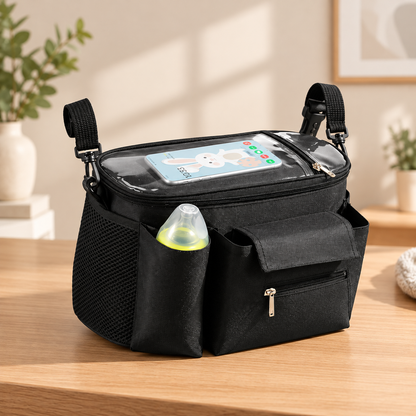 Little Teekie Compact Pram Caddy | Oxford Fabric 30cm with Pram Clips – Black