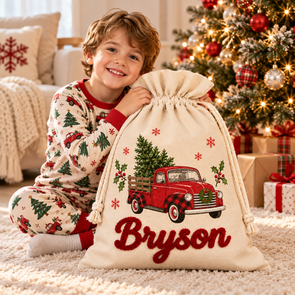 Little Teekie Personalised Canvas Santa Sack | Christmas Tree with Car Print, Rope Embroidery – Cream