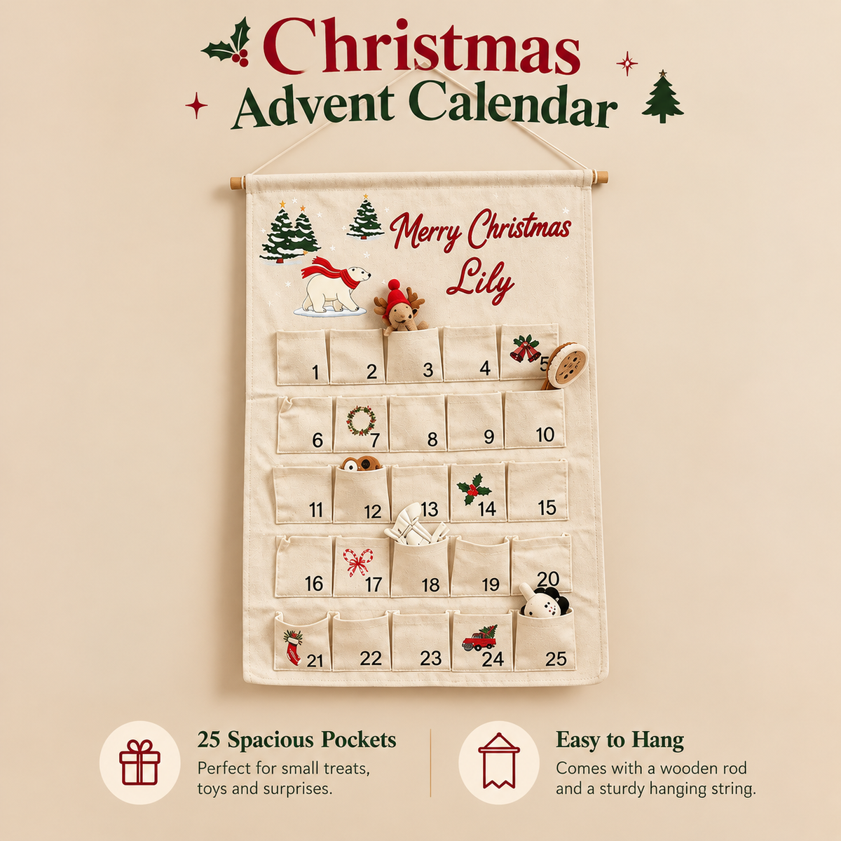 Little Teekie Personalised Woven Canvas Advent Calendar | Hanging Christmas Countdown with 25 Pockets, 40x57cm – Cream