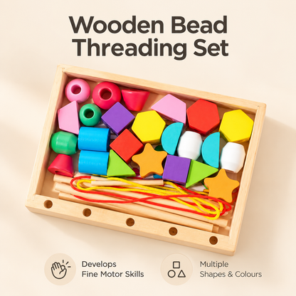 Little Teekie Jumbo Wooden Threading Blocks | 25 Piece Lacing and Sequencing Set with Pattern Cards