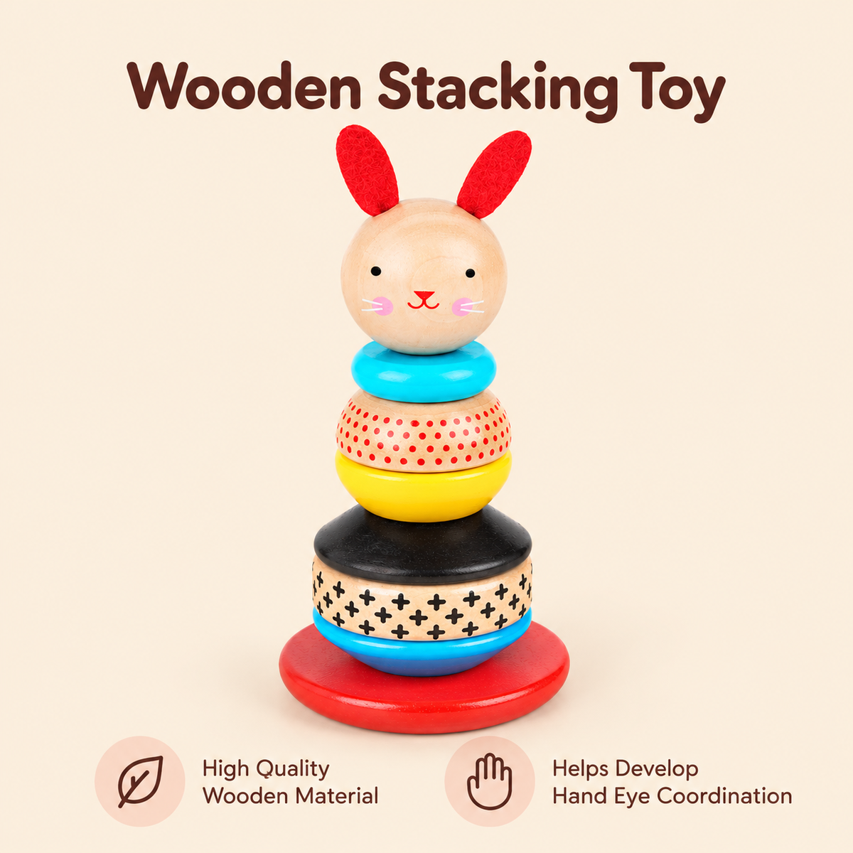 Little Teekie Personalised Bunny Stacker Toy | Wooden Stacking Rings with Engraved Name – Red