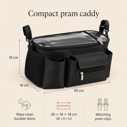 Little Teekie Compact Pram Caddy | Oxford Fabric 30cm with Pram Clips – Black