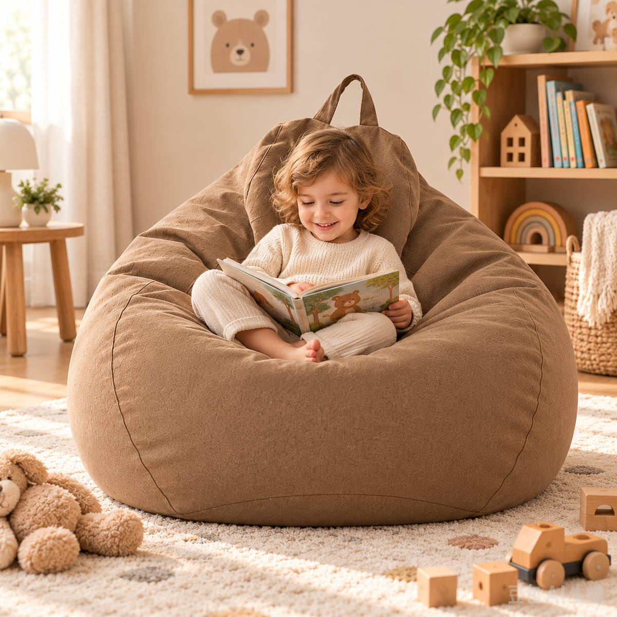 Little Teekie Teddy Boucle Kids Bean Bag Chair Cover | 80cm with Carry Handle – Coffee