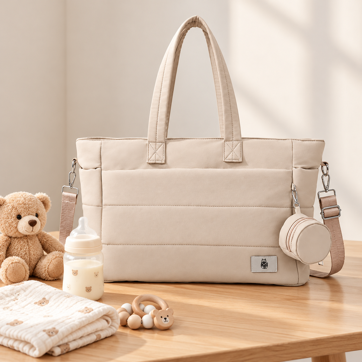 Little Teekie Quilted Nappy Tote | Puffer Cotton, Anti-scratch Lightweight Baby Bag – Cream Beige