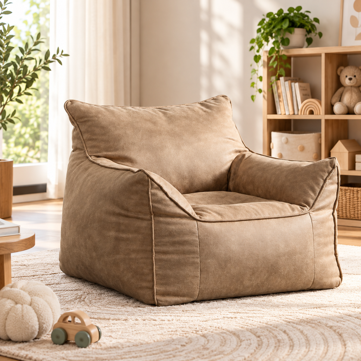 Little Teekie Kids Bean Bag Lounger Cover | Vegan Leather 80x80x70cm – Camel