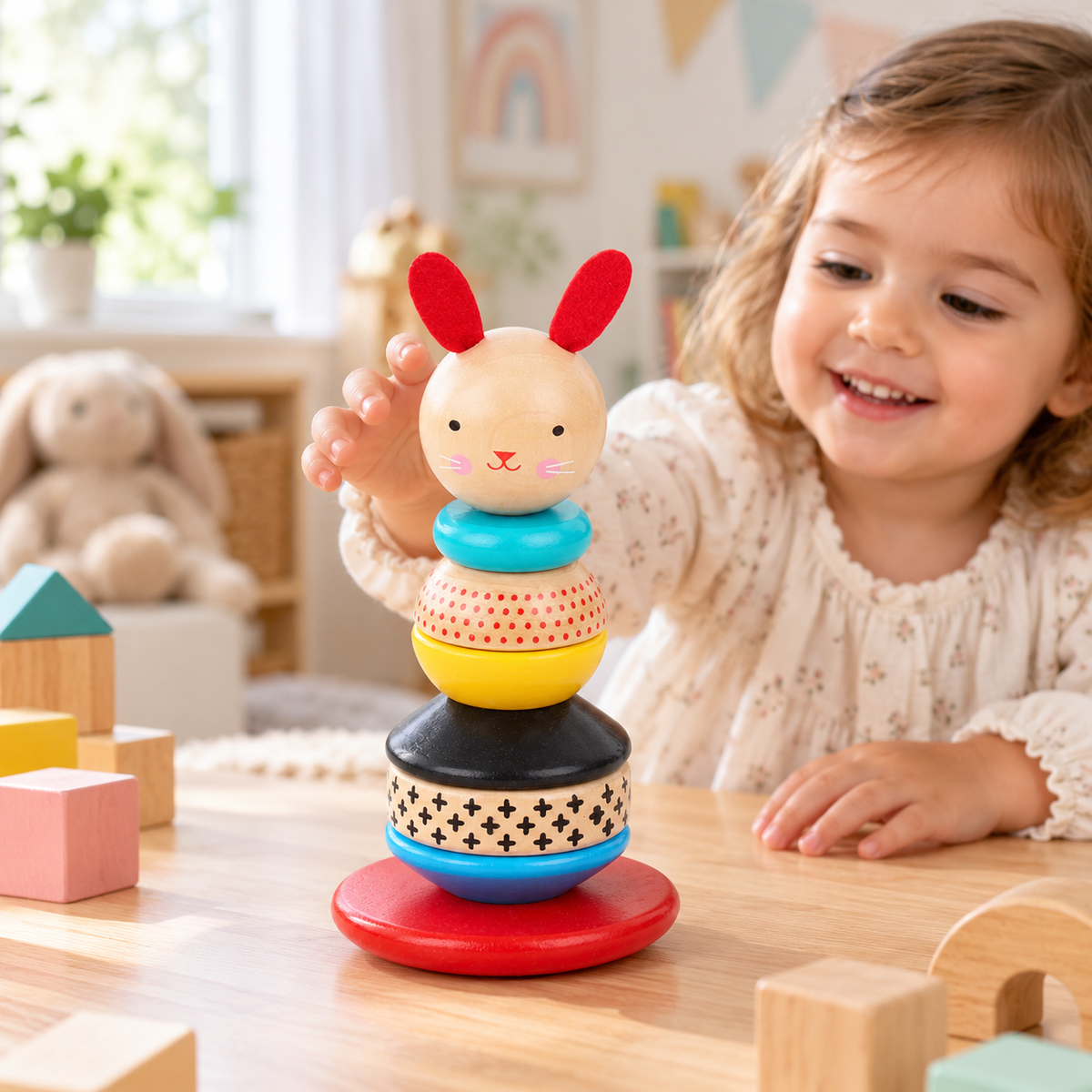 Little Teekie Personalised Bunny Stacker Toy | Wooden Stacking Rings with Engraved Name – Red