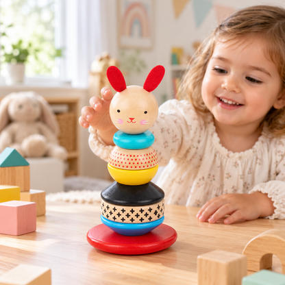 Little Teekie Personalised Bunny Stacker Toy | Wooden Stacking Rings with Engraved Name – Red