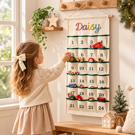 Little Teekie Personalised Canvas Advent Calendar | Rope Embroidered Name, 100cmx45cm - Green
