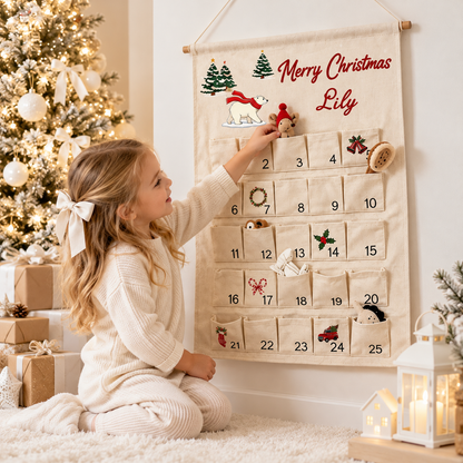 Little Teekie Personalised Woven Canvas Advent Calendar | Hanging Christmas Countdown with 25 Pockets, 40x57cm – Cream