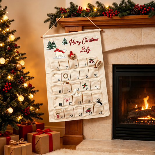 Little Teekie Personalised Woven Canvas Advent Calendar | Hanging Christmas Countdown with 25 Pockets, 40x57cm – Cream