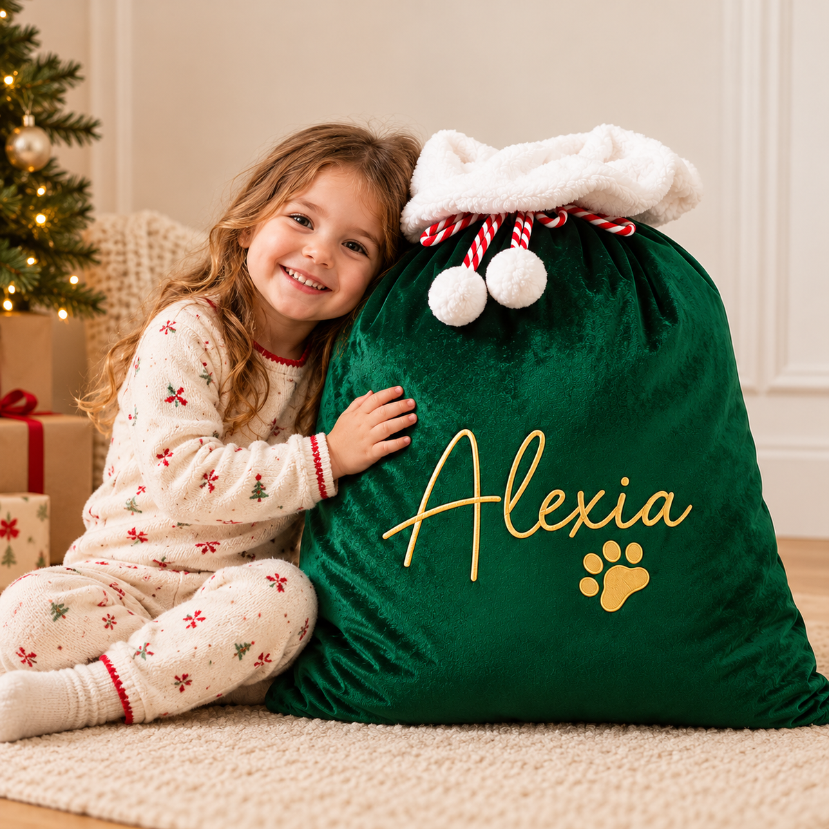 Little Teekie Personalised Santa Sack | Embroidered Name, Green Plush with White Fluffy Trim