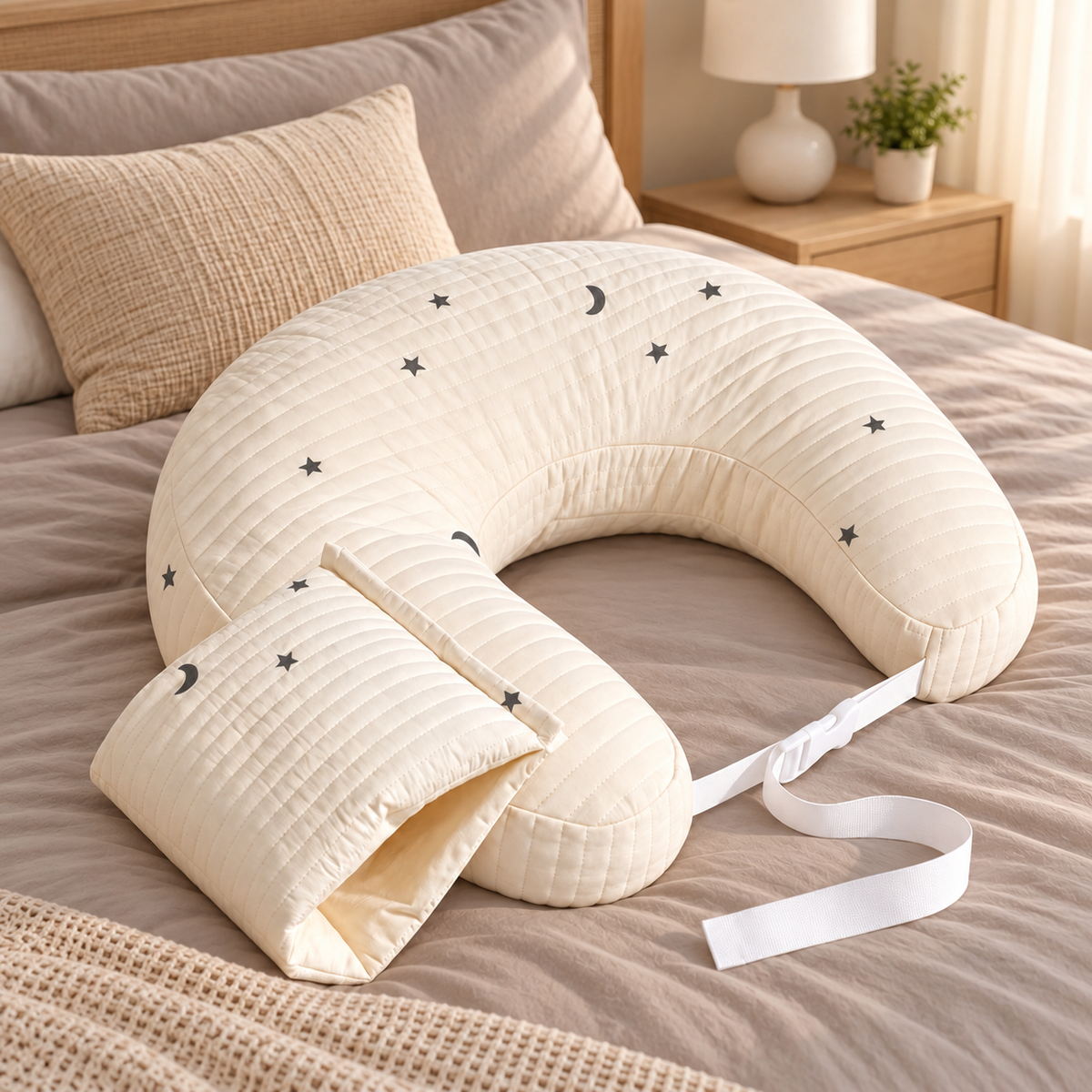 Little Teekie Organic Cotton Feeding Pillow | Soft Nursing Support, Star & Moon Print - Black