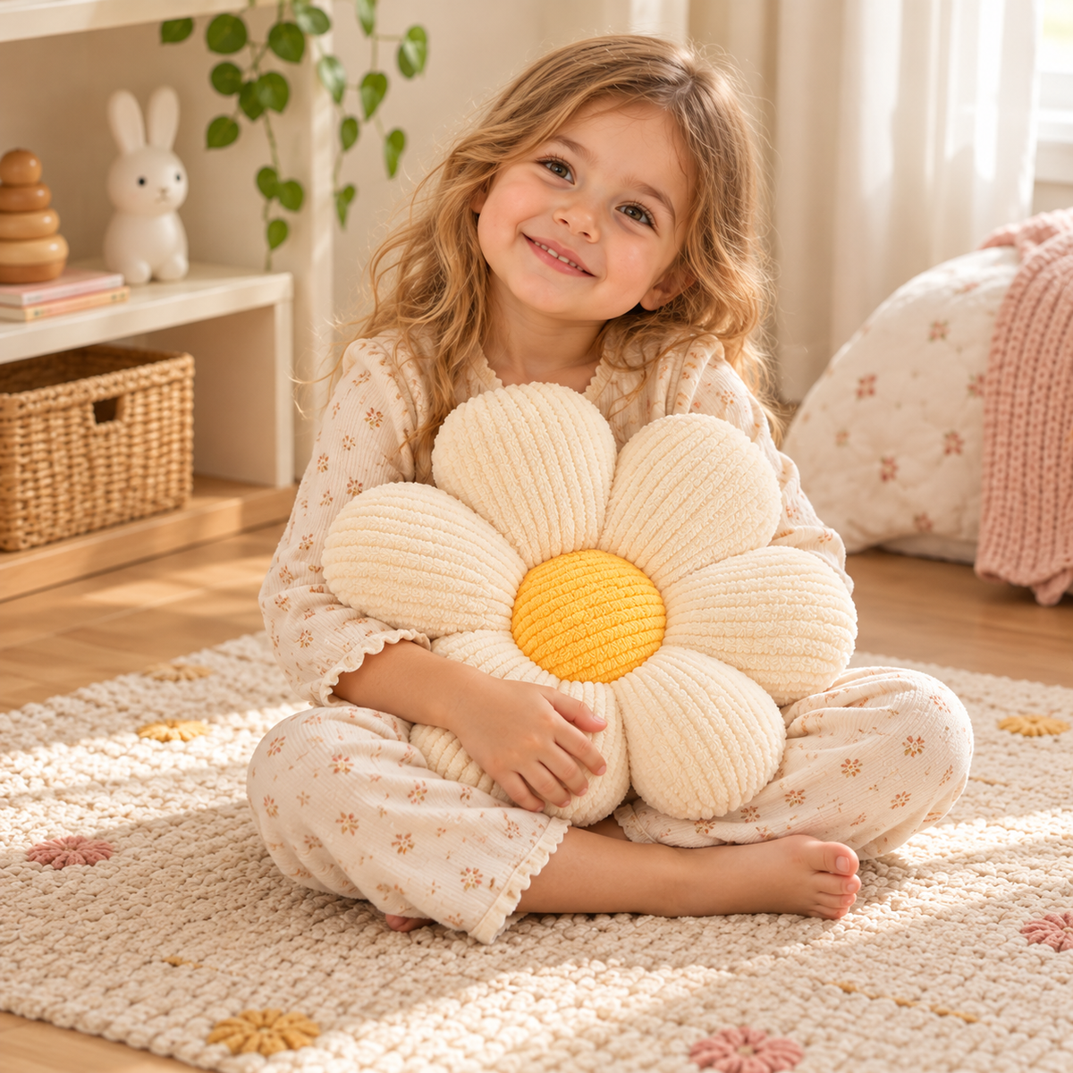 Little Teekie Daisy Flower Cushion | Boucle Kids Room & Nursery Decorative Cushion –  Off White