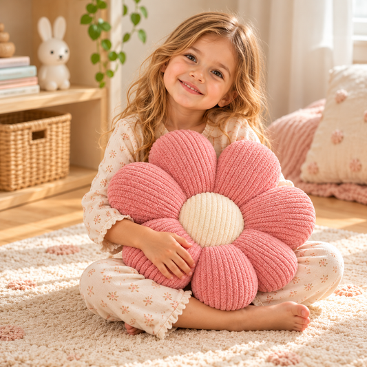Little Teekie Daisy Flower Cushion | Boucle Kids Room & Nursery Decorative Cushion – Pink