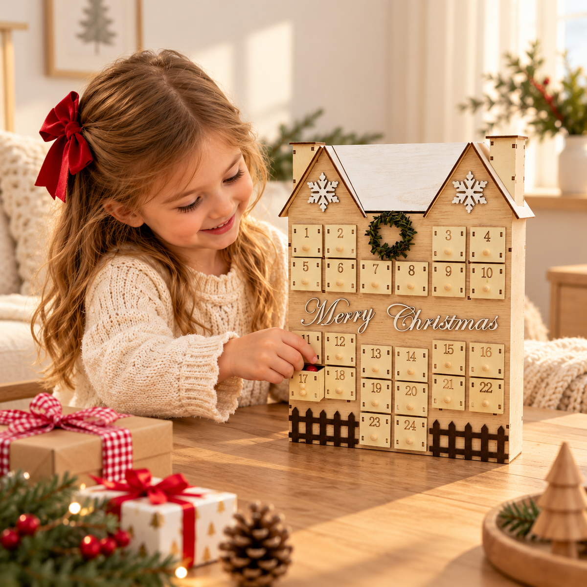 Little Teekie Personalised Wooden Advent Calendar House | 24 Drawer Christmas Countdown for Kids