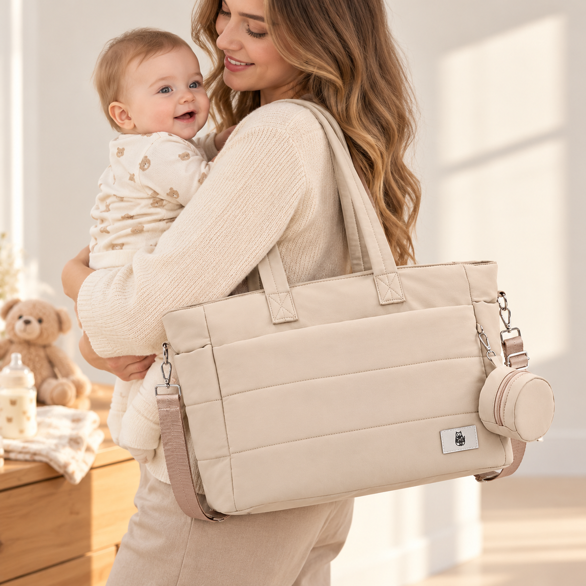 Little Teekie Quilted Nappy Tote | Puffer Cotton, Anti-scratch Lightweight Baby Bag – Cream Beige