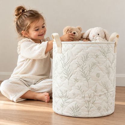 Little Teekie Kids Storage Basket | Soft Toy & Nursery Organiser – White with Sage Print