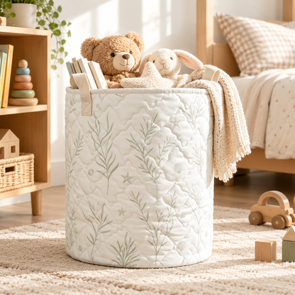 Little Teekie Kids Storage Basket | Soft Toy & Nursery Organiser – White with Sage Print