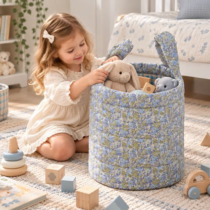 Little Teekie Large Storage Basket | Fairy Floral Nursery Toy Basket – Dusty Blue Floral