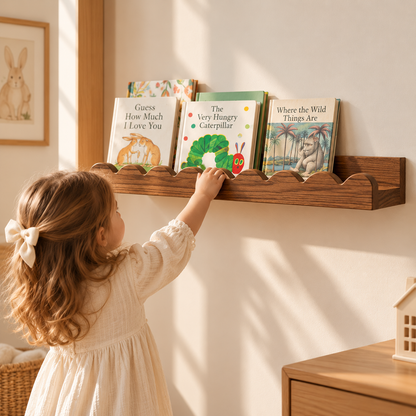 Little Teekie Scalloped Floating Wall Shelf | 58x 11 x 4 cm Plywood – Walnut