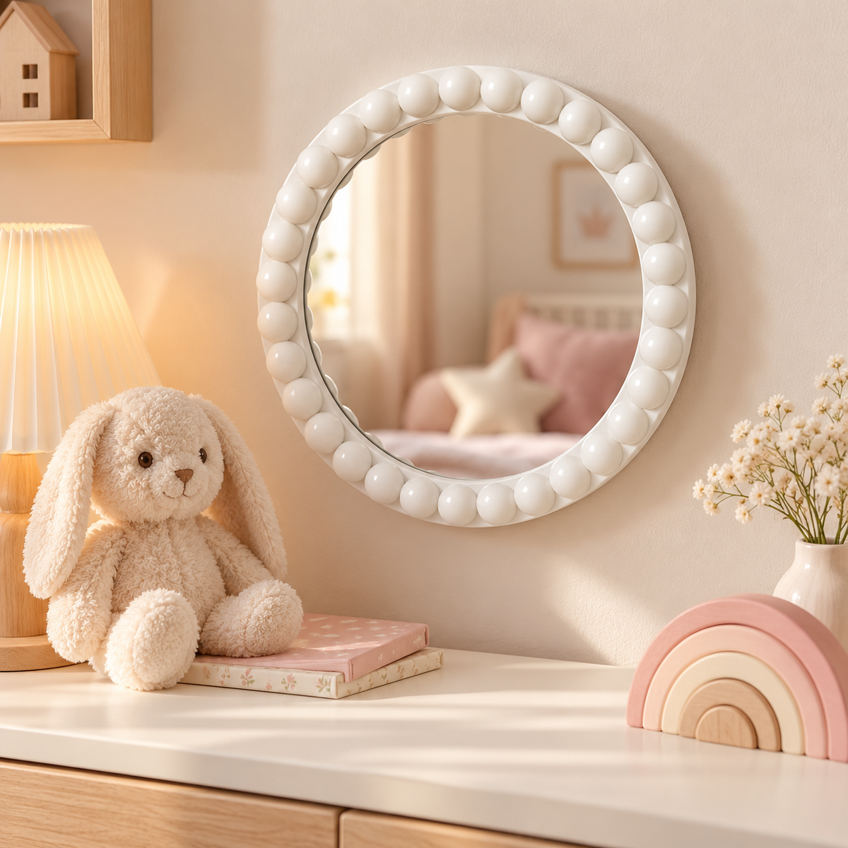 Little Teekie Round Bobbin Mirror | Decorative Kids Room and Nursery Wall Mirror – White
