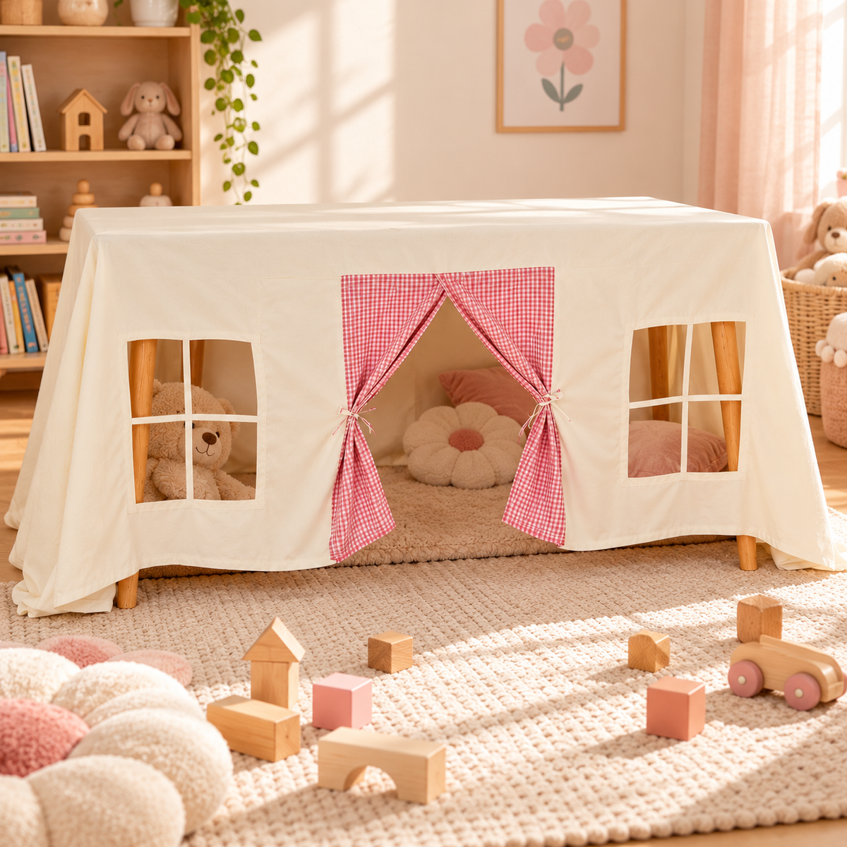 Little Teekie Table Play Tent | Fits Over Dining Tables, 230*300cm – Beige Pink